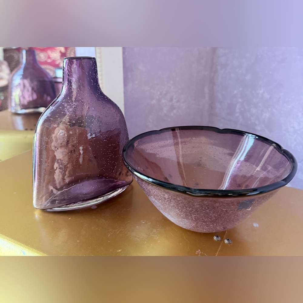 Purple Glass Vase and Bowl Set